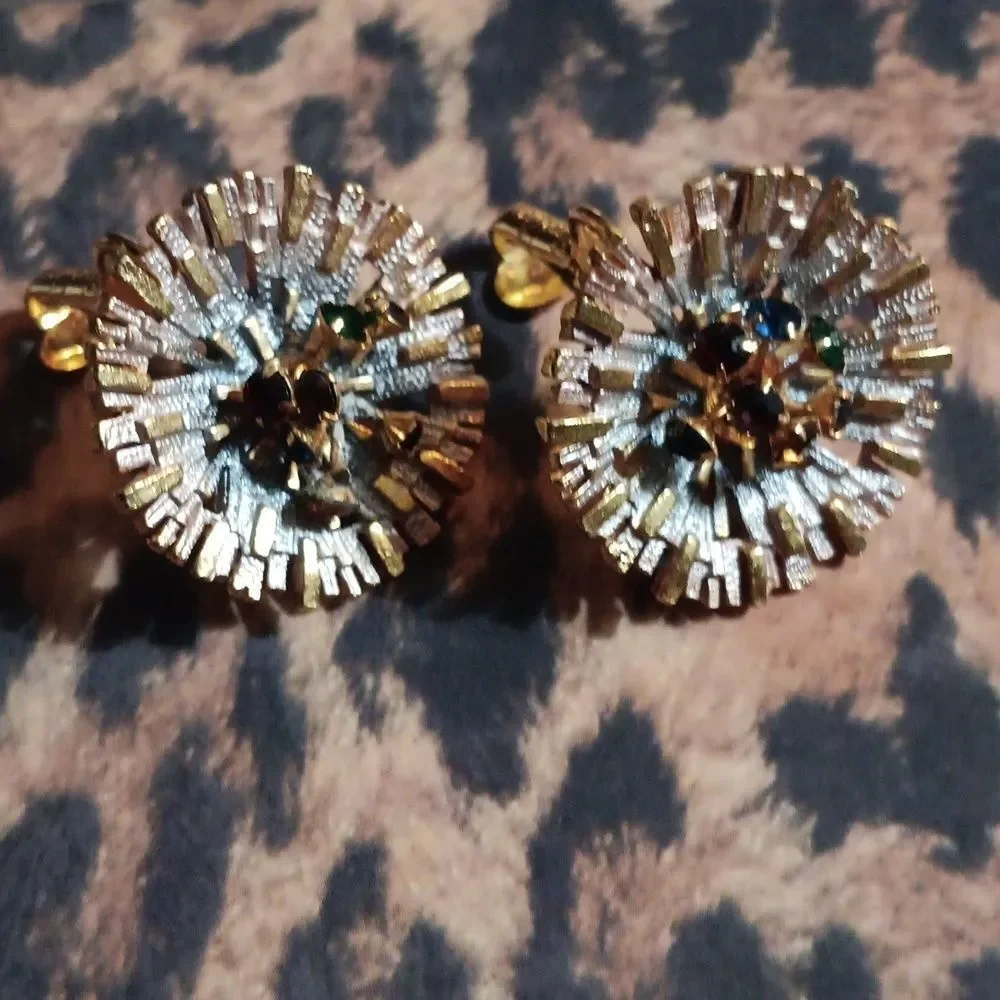 !!Vintage Modernist Brutalist Brooch Pin & Matching Clip On Earrings